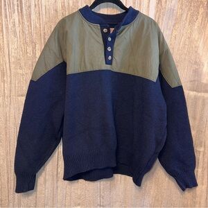 Filson Navy/Green Merino Wool Relaxed Henley Shooting Guide Sweater 710 {XL}